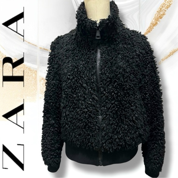 115 ZARA | EUC Women’s Black Sherpa Bomber Jacket - Size M | Faux Fur Full Zip - Picture 1 of 16